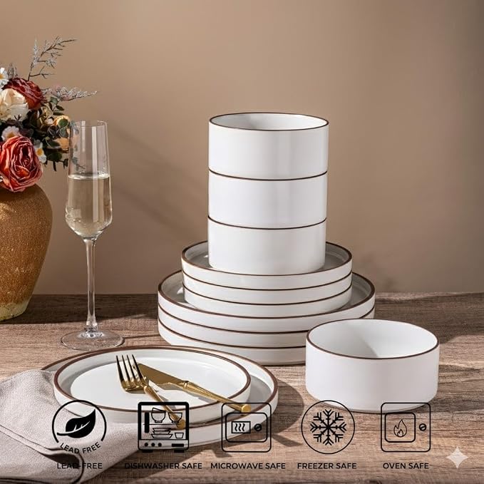 LERATIO Ceramic Dinnerware Sets for 6, High Edge Stoneware Plates and Bowls Set, Chip and Crack Resistant | Oven & Dishwasher & Microwave Safe Dishes Set, Service for 6 -Vanilla White