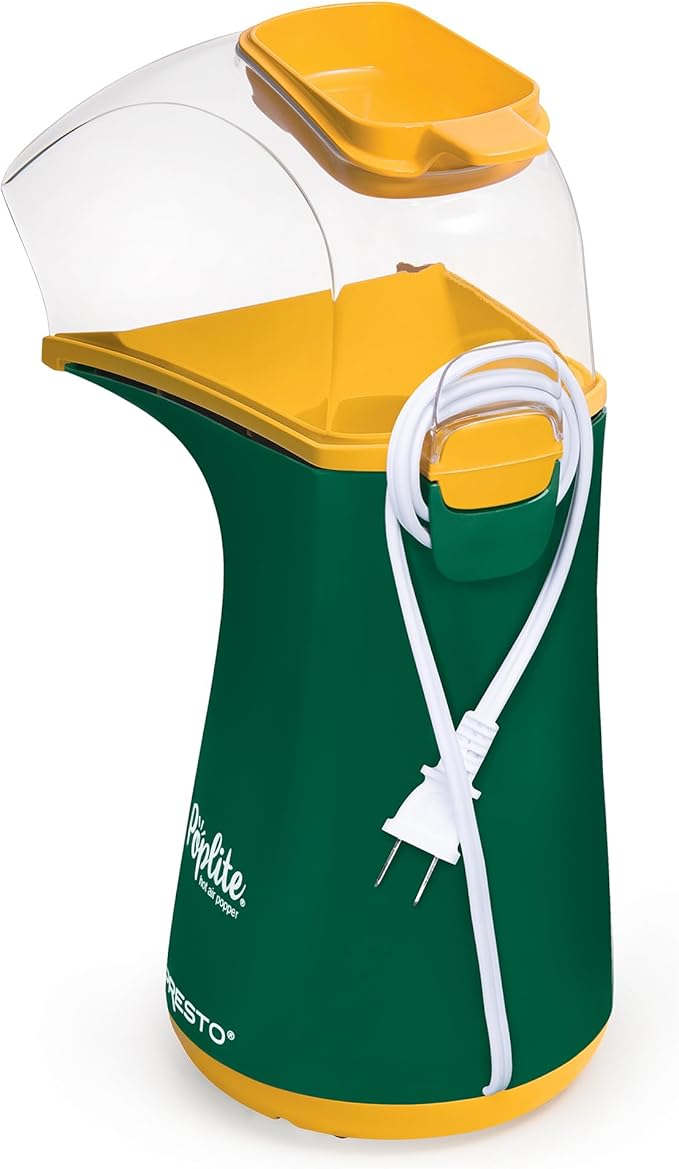 Presto 04870 Poplite Hot Air Popcorn Popper - Built-In Measuring Cup + Melts Butter, Easy to Clean, Built-In Cord Wrap, 18 Cups, Green/Gold