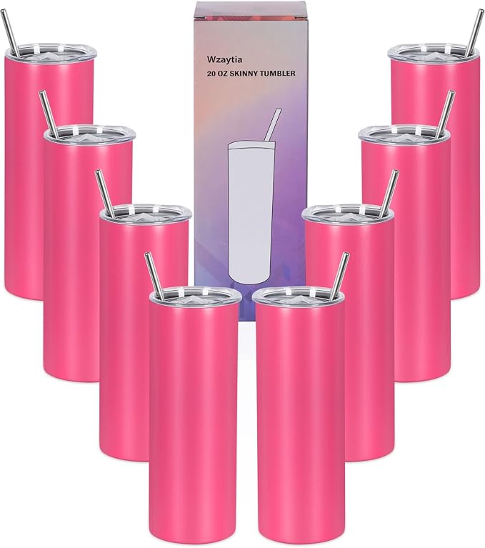 8 Pack 20 Oz Straight Skinny Tumblers,Individually Gift Boxed Stainless Steel Slim Skinny Tumbler Set Bulk, 20 Oz Insulated Slim Thin Travel Tumbler Cup for Diy,Hot Pink