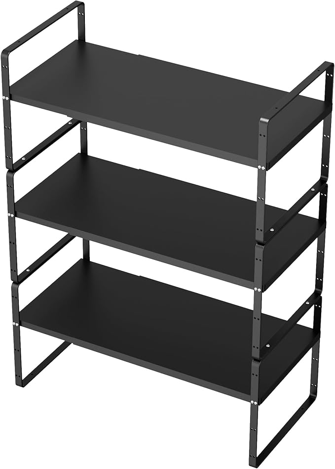 SANNO Expandable Kitchen Shelf Organizers, Large Counter Shelf Organizer with Expandable Shelves, Black, 3 Pack
