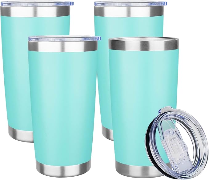 20oz Tumbler with Lid Stainless Steel Insulated Tumblers Travel Coffee Tumbler Bulk Double Wall Vacuum Insulated Water Cup Gifts for Christmas Women Men Her Him Home Office(Teal, 4pack)