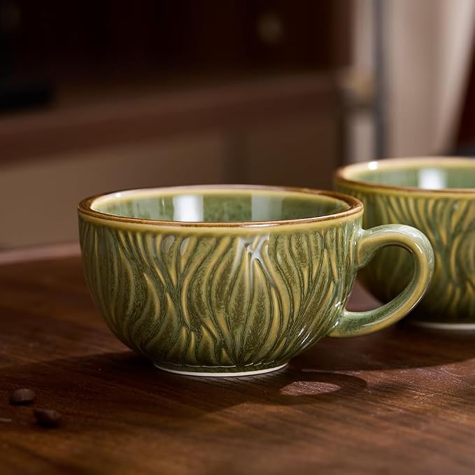 Coffeezone Set of 6 Vintage Design 12 oz Professional Barista Ceramic Latte Art Cappuccino Cups Set (Wave Green)