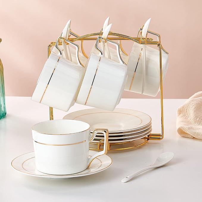 Porcelain Tea Cups and Saucers Set, 6oz Tea Cups with Gold Trim, White Coffee Cups & Mugs Set of 6 with Stand for Cappuccino, Latte, Americano, Tea, Demitasse Cups