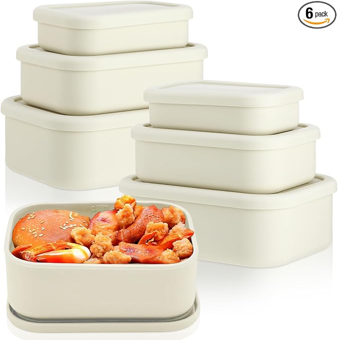 Blushtier 2 Sets of 6 Silicone Food Storage Containers, Reusable Lunch Bento Box with Lid, Hard Shell Storage Containers, Microwave Dishwasher Freezer Safe, 10 oz, 23.6 oz, 44 Ounce(Bone White)
