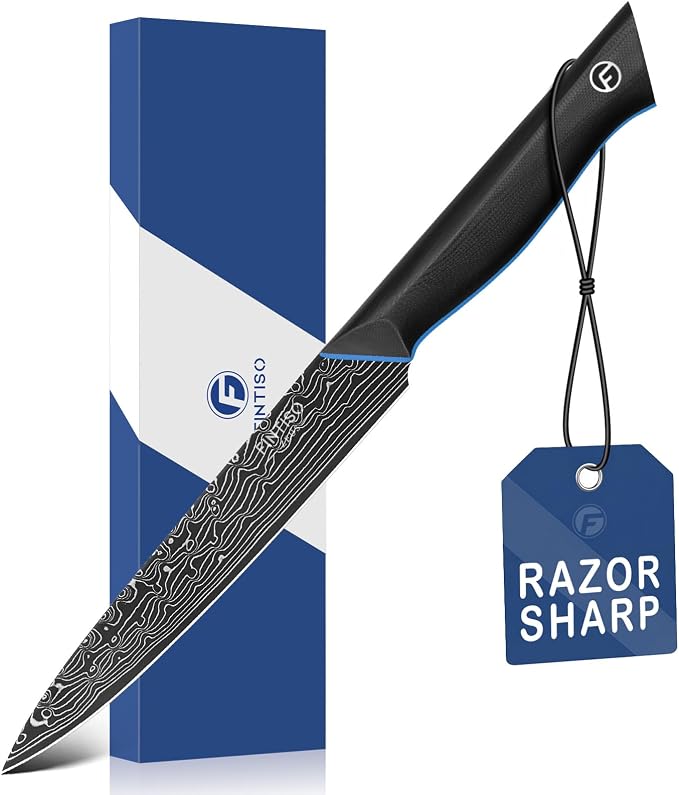 FINTISO Damascus Chef Knife 6 inch, Petty Knife in 67-Layer Damascus Steel, Ultra Sharp Japanese Kitchen Utility Knives with Ergonomic G10 Handle - Zeus Series