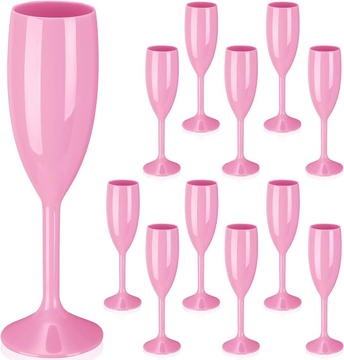 Maxcheck 12 Pcs Champagne Flutes Bulk Acrylic Toasting Drinking Flute Unbreakable Goblet Champagne Cups 6 oz Plastic Wine Glasses for Mother's Day Wedding Bridal Shower Anniversary Party (Pink)