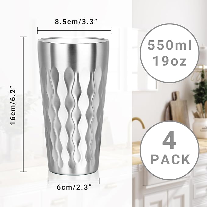 Stainless Steel Drinking Glasses, 19 oz Insulated Tumbler, 4 Pack Double Wall Unbreakable Stackable Water Tumblers Premium Insulated Metal Cup for Travel Camping Home Outdoor Gifts