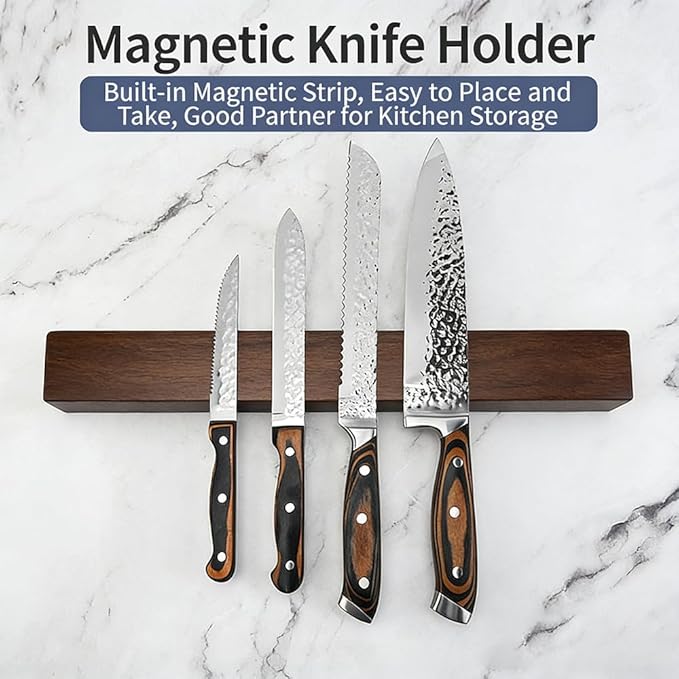 16 Inch Magnetic Knife Holder for Wall, Wall Mounted Stainless Steel Core, Walnut Finish, Kitchen Tool Storage Rack