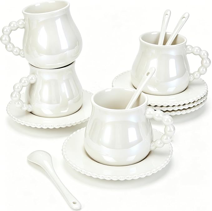 Cappuccino Cups Set of 4, 8oz Espresso Cups Set with Saucers and Spoons, Pearlescent Ceramic Coffee Tea Cups for Latte, Mocha, Au Lait, Dishwasher & Microwave Safe, Art Deco