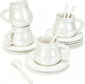 Cappuccino Cups Set of 4, 8oz Espresso Cups Set with Saucers and Spoons, Pearlescent Ceramic Coffee Tea Cups for Latte, Mocha, Au Lait, Dishwasher & Microwave Safe, Art Deco