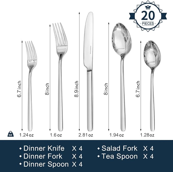 KINGSTONE 12-Piece Bone China Dinnerware Set with 20-Piece flatware, Ivory White Lightweight Porcelain Service for 4, for Family Dining, Restaurants, Gifting, Microwave and Dishwasher Safe