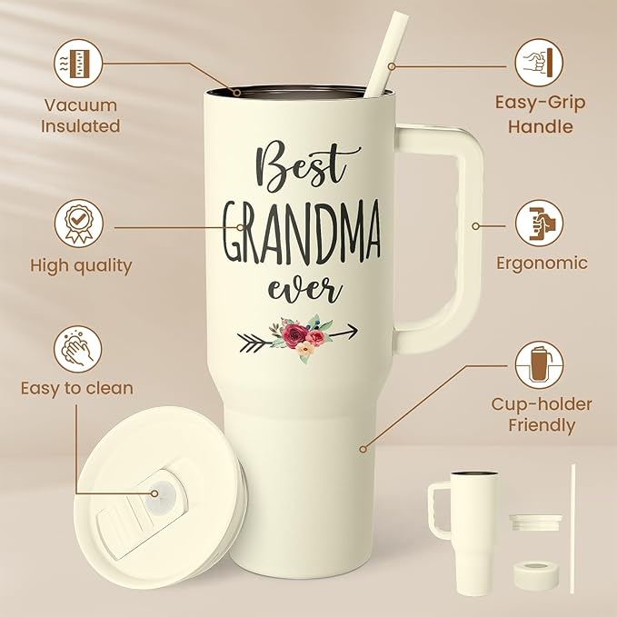 Grandma Tumbler with Handle 40oz, Grandmother Gifts from Granddaughter Grandson, Stainless Steel Tumblers Coffee Travel Cup, Gifts for Nana Mimi Grandmom on Birthday Christmas Mothers Day Valentines