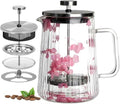 French Press Coffee Maker 22oz – Pink Floral Glass Design – Double-Wall Borosilicate Ribbed Coffee Press with Stainless Steel Filter – Manual Brewer & Tea Press