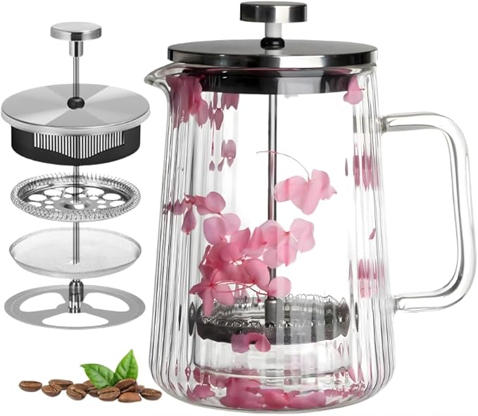 French Press Coffee Maker 22oz – Pink Floral Glass Design – Double-Wall Borosilicate Ribbed Coffee Press with Stainless Steel Filter – Manual Brewer & Tea Press