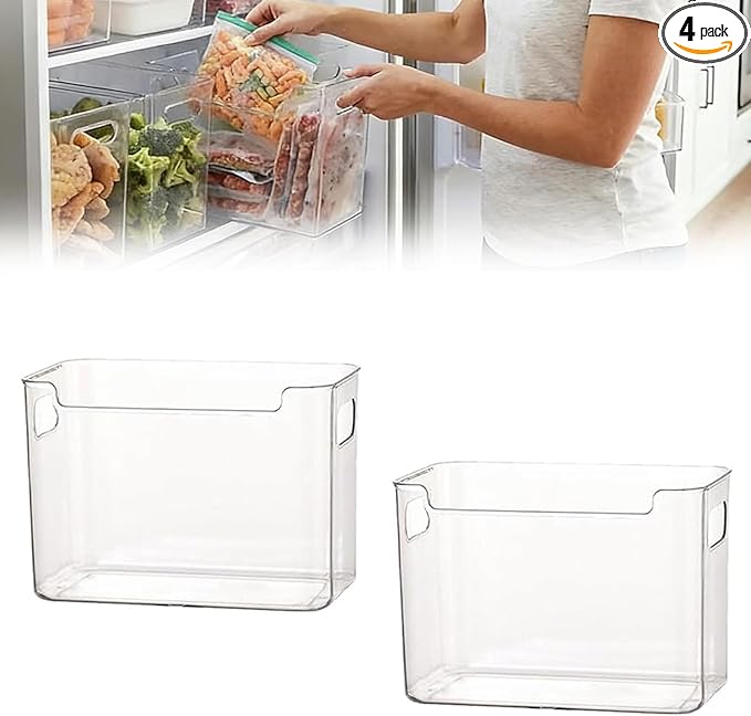 Crystal Clear Freezer Storage Bins, Clear Plastic Organizer Bins with Handles, Stackable Freezer Refrigerator and Pantry Storage Containers for Frozen Food, Meat, Vegetables, Meals and Snacks (2 pack)
