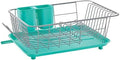 Farberware Compact Dish Drying Rack with Frost Sink Brush, Removable Drainboard and Flatware Caddy, Holds 9 Plates - Teal, Rust-Resistant for Small Kitchens