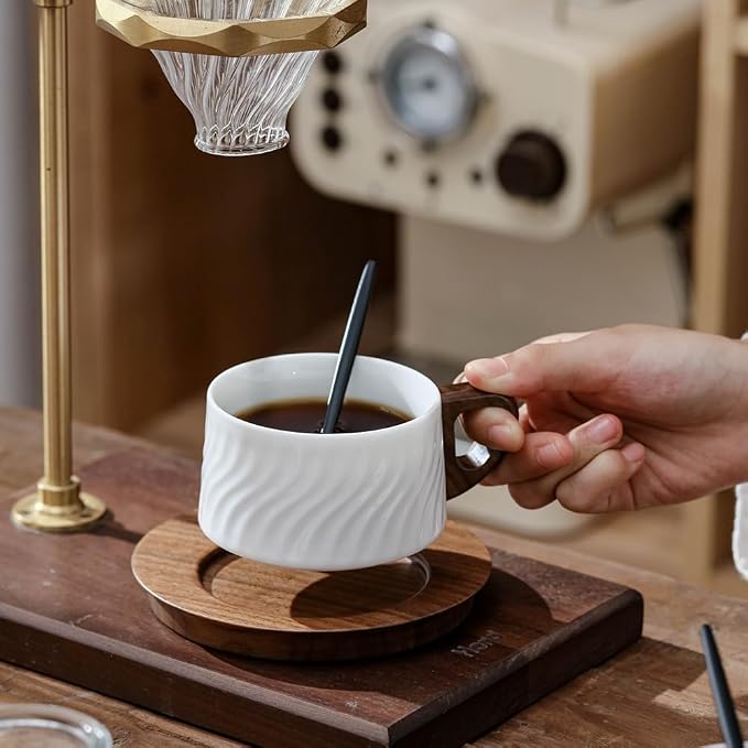 5oz/150ml Cappuccino Cup and Saucer Set, White Porcelain Cup with Walnut Wood Saucer, Espresso Coffee Mug, set of 1 (SYJ-TC002)