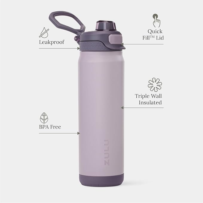 ZULU Powerfill Pro 32oz Stainless Steel Water Bottle with Quick Fill Lid, Triple Walled Vacuum Insulated Metal, Leak Proof Locking Lid, Sip and Chug, Reusable BPA Free, Amethyst