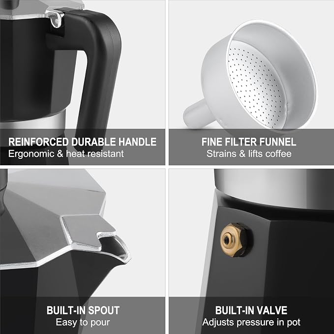 Sivaphe Aluminum Moka Pot 9 Espresso Cups, Percolator Espresso and Coffee Maker, Portable Stovetop Italian and Cuban Café Brewer for Home and Camping Black