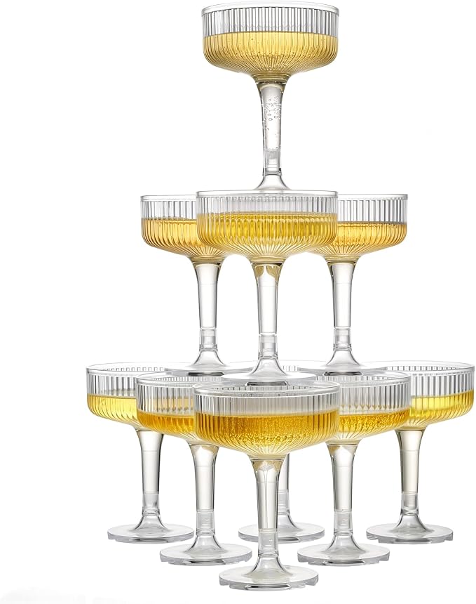 Goodluck 3-Tier Champagne Glasses - 10 PCS 7oz Clear Plastic Champagne Flutes, Plastic Coupe Glasses with Vertical Stripes for Weddings, Celebrations, Parties & Birthdays