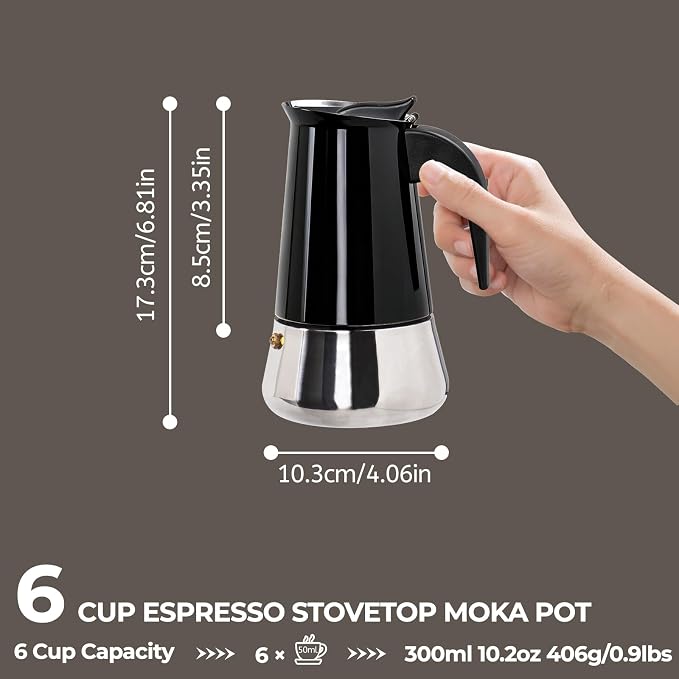 6 Cup 300ml Moka Pot Stainless Steel Espresso Coffee Maker Stovetop Coffeemaker Italian Classic Style Brewing Greca Cafe Mocha Machine for Cafeteras Lover Camping Travel and Home Use 10oz