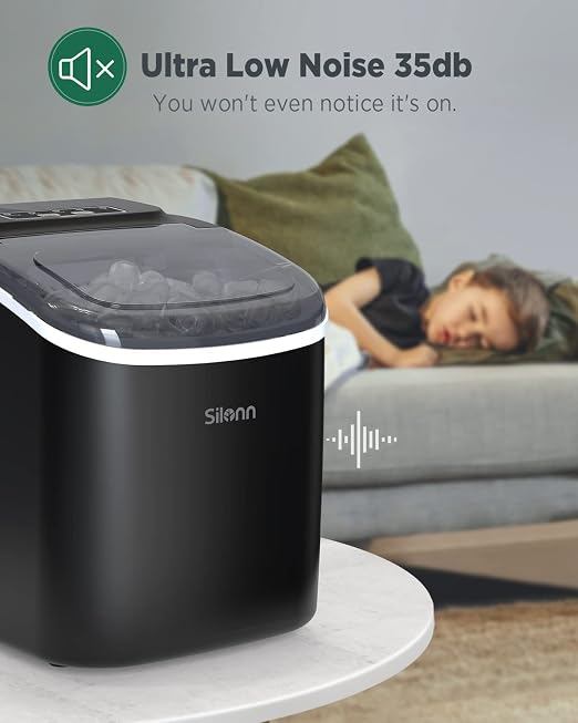 Silonn Ice Makers Countertop, 26Lbs/24H, Self-Cleaning Ice Machine, 9 Cubes Ready in 6 Mins, 2 Sizes of Bullet Ice, Ice Makers for Home Kitchen Office Bar Party, Black