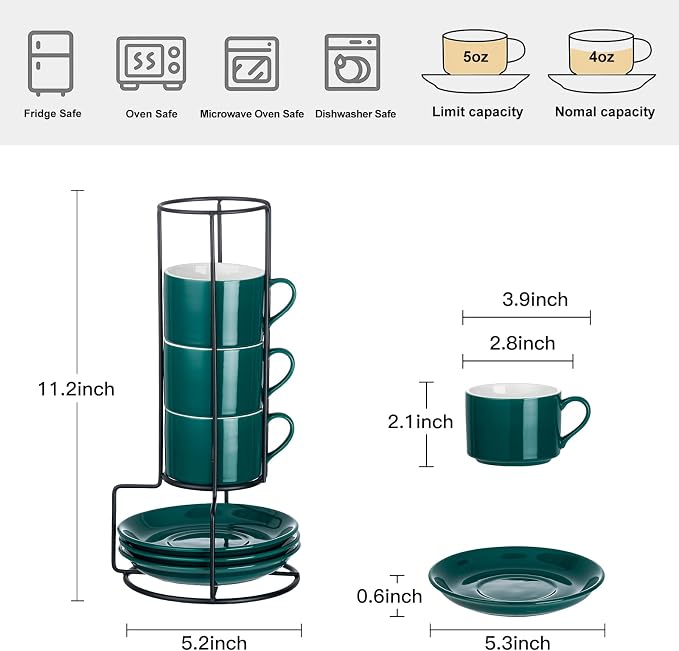 Espresso Cups Set of 4, 4oz Stackable Coffee Cups with Saucers and Metal Stand, Green Demitasse Cups, Expresso Shots Cup Set