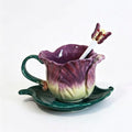 Ceramic Tea Cup and Saucer Set ，6OZ 3D Hand-Painted Flower and Lotus Leaf Coffee Mug，Gift for Women- Purple Tulip