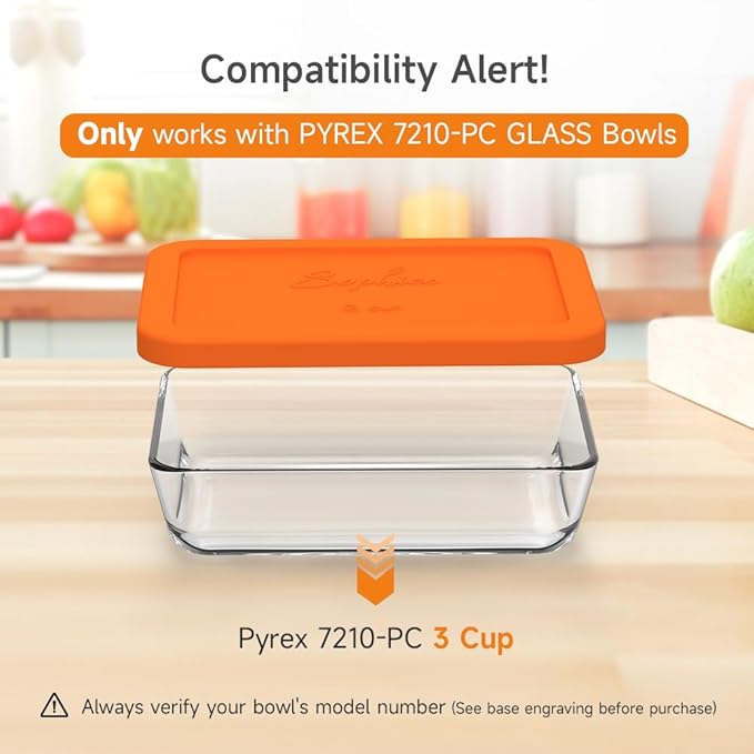 Sophico 3 Cup Rectangle Silicone Storage Cover Lids Replacement for Pyrex 7210-PC Glass Bowls, Container not Included (ORANGE, 2 Pack)