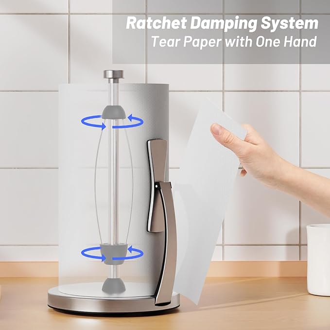 VEHHE Paper Towel Holder Countertop, Paper Towel Holder with Spring Activated Arm and Damping Effect, Simply Tear Paper Towel Stand for Bathroom and Kitchen (Silver)