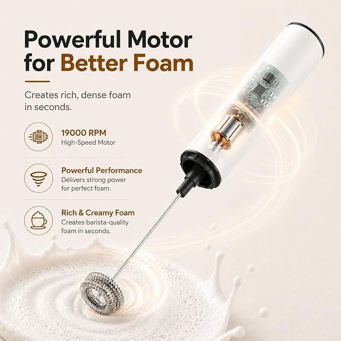 Rechargeable Milk Frother with Stand, Electric Whisks Foam Maker, POWERFUL USB C 2 Speed Handheld Drink Mixer for Coffee, Latte, Cappuccino, Matcha Drinks,White