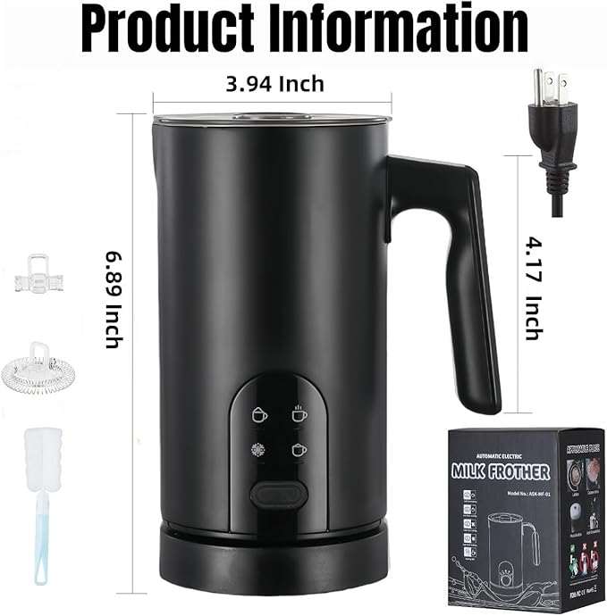 Electric Milk Frother and Steamer, 350ml/0.37QT Automatic Hot and Cold Milk Frother with 4 Modes, Foam Maker for Coffee, Latte, Cappuccino (Black)