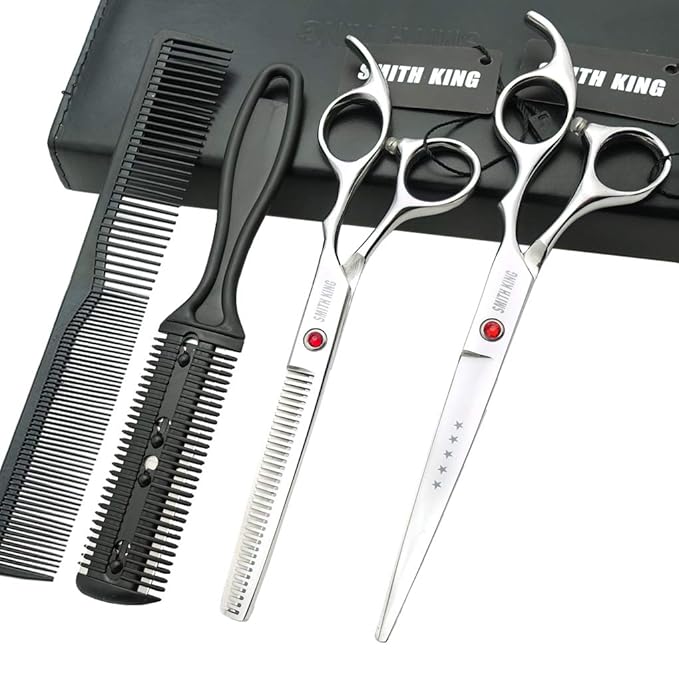 7.0 Inches Hair Cutting Scissors Set with Combs Lether Scissors Case,Hair cutting shears Hair Thinning shears For Personal and Professional (Silver)