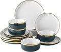 Pokini Porcelain Dinnerware Sets, 12 Piece Luxury China Plates and Bowls Sets, Green Dishes Set Gold Rim for Wedding Anniversary Birthday, Modern Dinner Plates Set