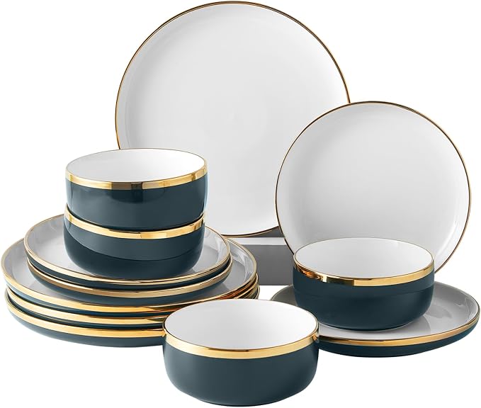 Pokini Porcelain Dinnerware Sets, 12 Piece Luxury China Plates and Bowls Sets, Green Dishes Set Gold Rim for Wedding Anniversary Birthday, Modern Dinner Plates Set