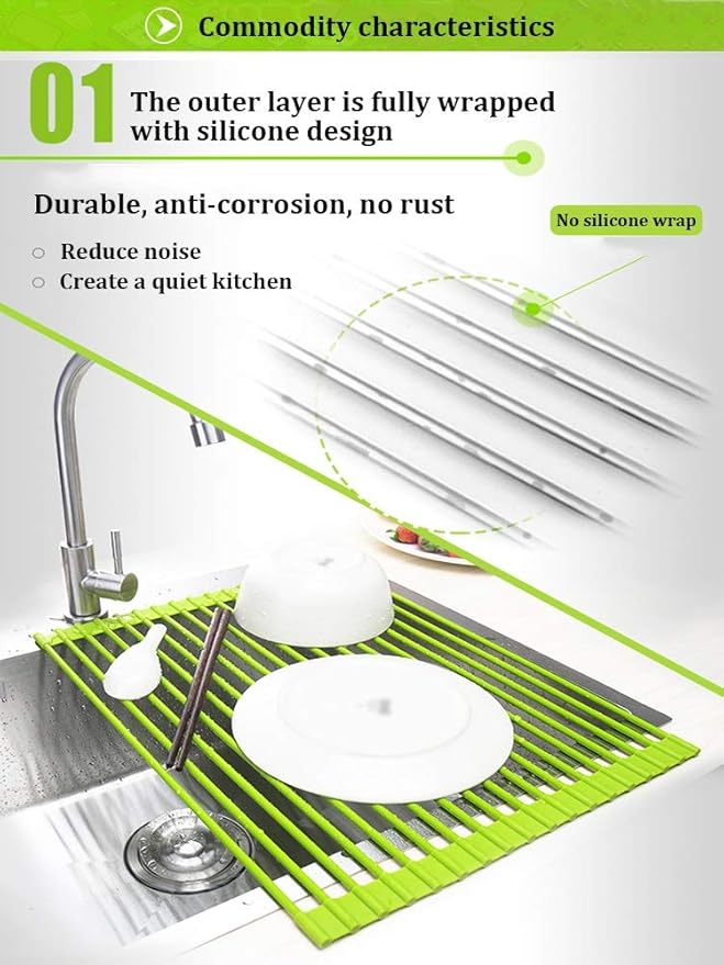 Green Creative Roll-Up Dish Drying Rack Stainless Steel and Silicone Dish Drying Mat Convenient Over The Sink Foldable Drain Rack - 43x33cm(43 * 33cm)