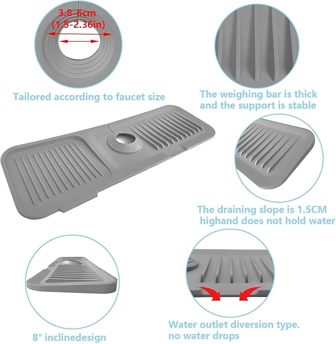 2 Pcs 40x12 cm Silicone Faucet Mats for 3.5-6cm Faucets Handle Drip Catcher Tray Faucet Sink Splash Guard Drying Mat for Kitchen Bathroom Counter Drying Pad Faucet Draining Pad (Grey)