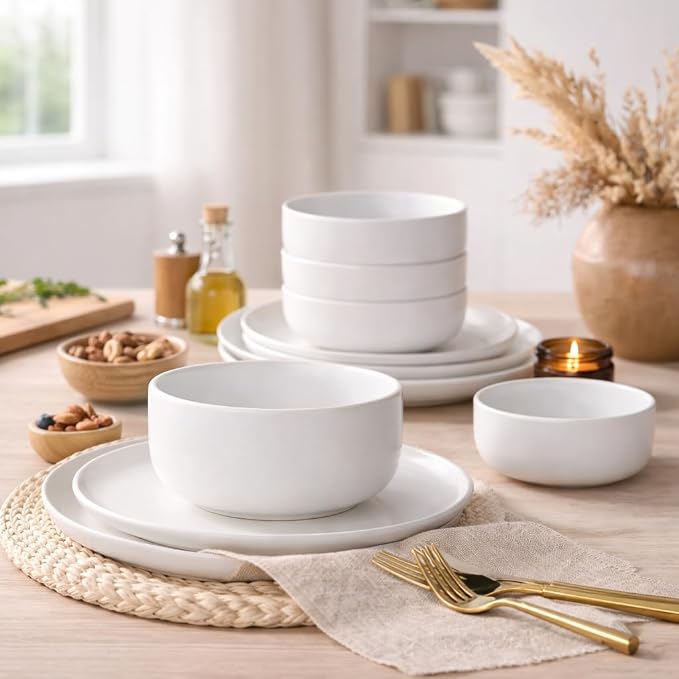 LERATIO Stoneware Dinnerware Sets for 6,Handcarft Ceramic Plates and Bowls Sets,Chip and Scratch Resistant Dishes, Dishwasher & Microwave Safe, Oven safe,Reactive Glaze-White
