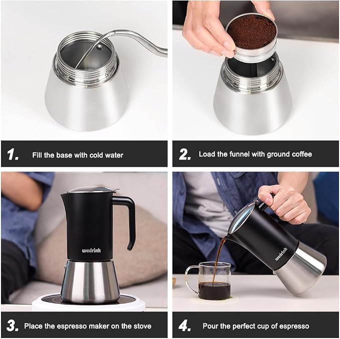 wedrink Premium 304 Stainless Steel Moka Pot, 4 Cup Stovetop Espresso Maker, Induction & All Stovetops Compatible