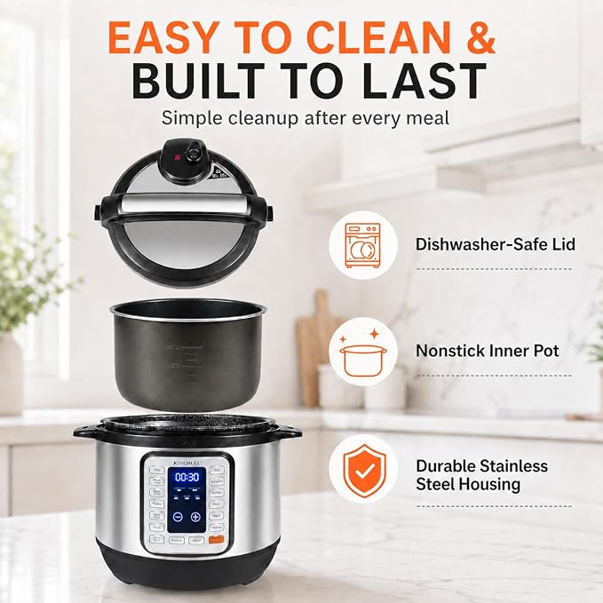 KINGBULL 8QT Electric Pressure Cooker, 12-in-1 Stainless Steel Multi Cooker with Nonstick Inner Pot, Slow Cooker, Rice Cooker, Steamer, Sauté, Yogurt Maker, Warmer, Delay Start