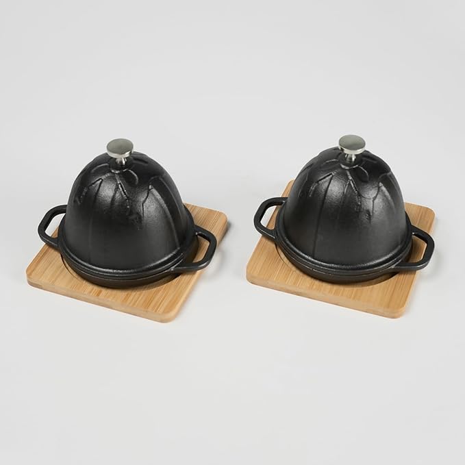 HAWOK Cast Iron Garlic Roaster with Bamboo Tray, Dia. 3.94 inch, BBQ Grill Garlic Baker, Mini Cocotte, Set of 2, Pre-Seasoned