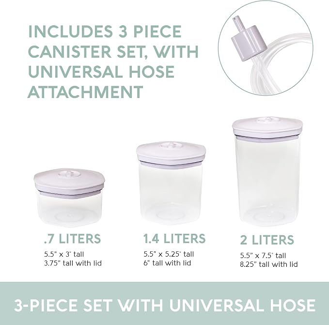 Avid Armor 3 Piece Vacuum Food Container Set for Home Kitchen with Accessory Hose in 2L, 1.4L, and 0.7L Sizes BPA Free