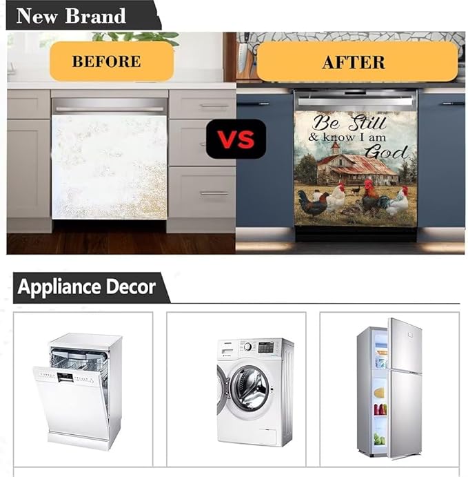 Farmhouse Chicken Front Door Dishwasher Magnet Cover,Decorative Be Still and Know That I am God Text Panel Sticker,23x26 Inch Magnetic Dishwasher Cover for Refrigerators and Appliances