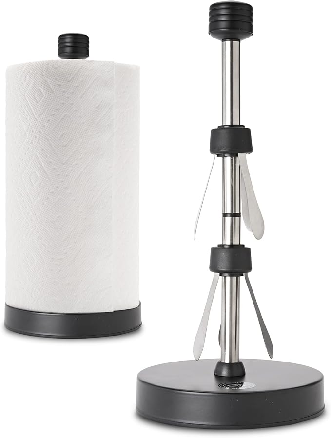 Heavy-Duty Stainless Steel Paper Towel Holder - Easy One-Handed Tear with Suction Cups - Modern Weighted Standing Countertop Dispenser for Kitchen - Holds All Paper Towel Rolls, Black