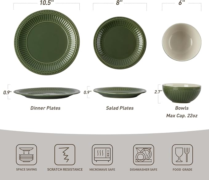 Famiware Garden 12-Piece Embossed Plates and Bowls Sets, Stoneware Reactive Glaze Dishes Dinnerware Set, Modern Rustic, Chip & Scratch Resistant, Microwave & Dishwasher Safe, Service for 4, Dark Green
