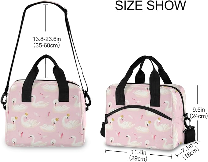 OREZI Lunch Bag for Girls Women,White Swans And Pink Feathers Lunch Box Container with Detachable Shoulder Strap,Insulated Lunch Coolers for School Office