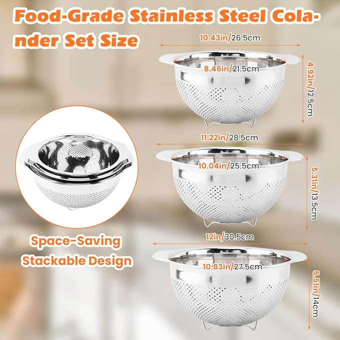 Stainless Steel Colander Set of 3 (2-3-5Quart),Micro-Perforated Colander Strainer with Handle,for Draining Rinsing Washing, Ideal for Pasta Vegetables Fruits,Dishwasher Safe