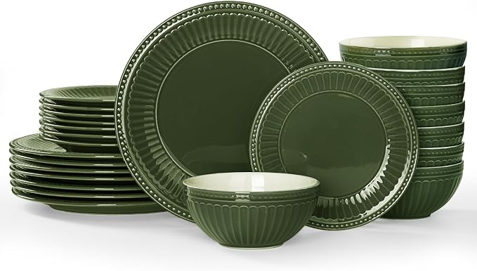 Famiware Garden 24-Piece Embossed Plates and Bowls Sets, Stoneware Reactive Glaze Dishes Dinnerware Set, Modern Rustic, Chip & Scratch Resistant, Microwave & Dishwasher Safe, Service for 8, Dark Green