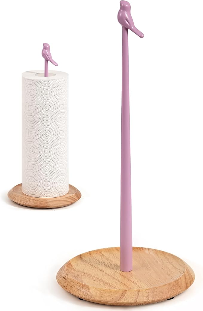 Wooden Paper Towel Holder countertop, Stylish Bird Shaped,Solid Wood Base&Iron Top, with Non-Slip Mat, Stable&Durable,Paper Towel Holder Farmhouse Style to Elevate Your Kitchen's Décor (Pink)