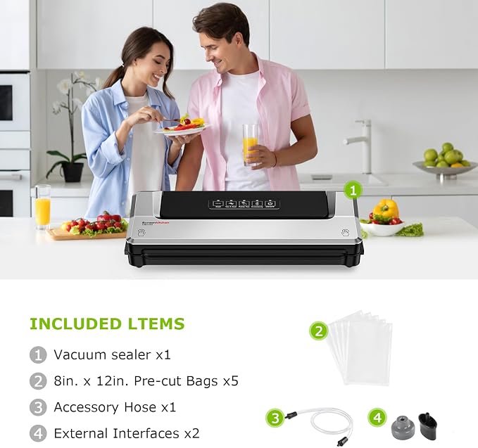 Bonsenkitchen Vacuum Sealer Machine | Compact Food Sealer for Kitchen Storage & Meal Prep | Multiple Modes | External Vacuum System | 5 Bags, Silver